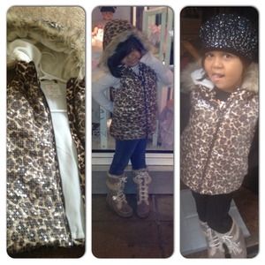 Kids  leopard sequin , faux hooded snow vest.