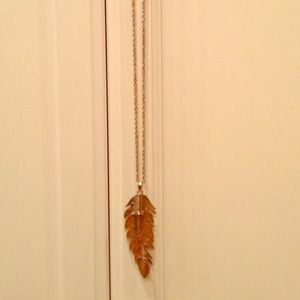 Long Antique Gold Feather Necklace