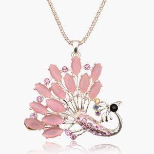 Pink Side Peacock Crystal Rhinestone Long Necklace