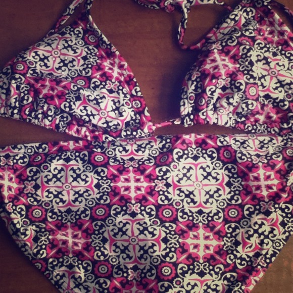 Pink Geometric Print Swimsuit w/ Rhinestones