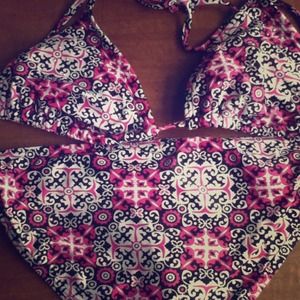 Pink Geometric Print Swimsuit w/ Rhinestones