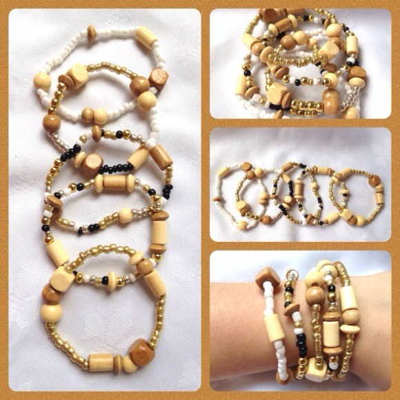 Set of 5 Wood & Glass Beads Bracelets