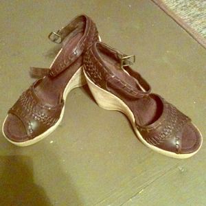 Brown leather open toed heel wedge