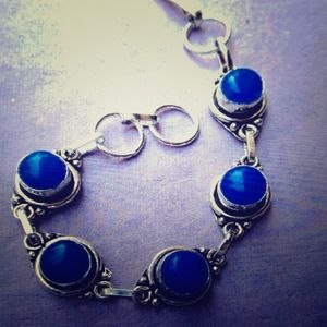 Silver oxidized blue stone bracelet