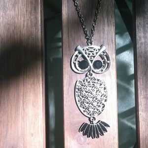 Silver & Black Rhinestone Owl Necklace