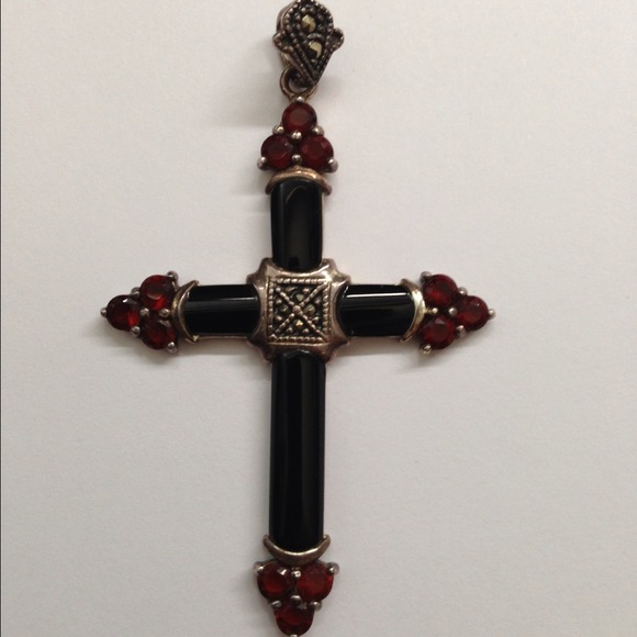 Jewelry - Black Onyx ruby sterling 925 cross pendant real