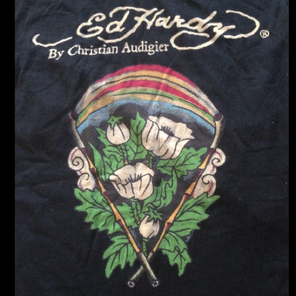 Ed Hardy women's black flower & rainbow t-shirt