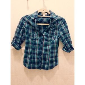 F21 Blue Plaid Button Shirt