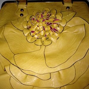 Purse - Clasp Closure with Flower Appliqué, Yellow