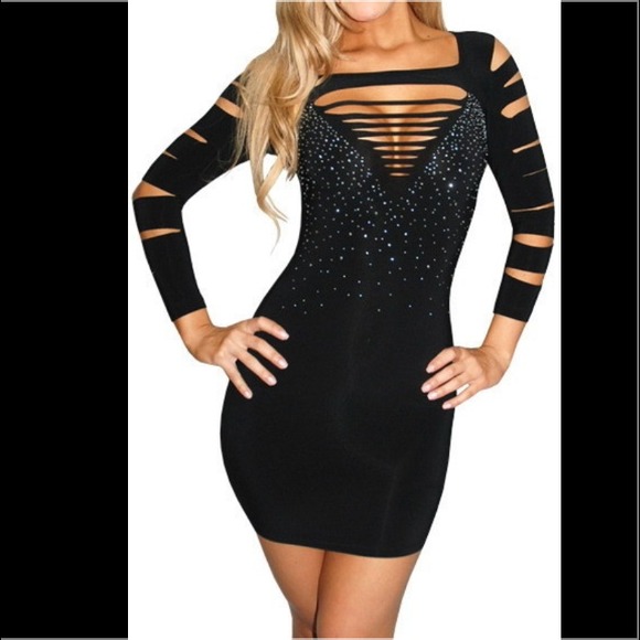 Studded cutout rhinestone black dress
