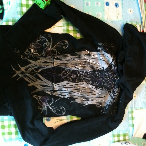 TRADED Black angel wing zip up sweat shirt.