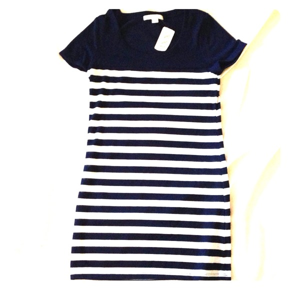 Navy blue and white striped dress.