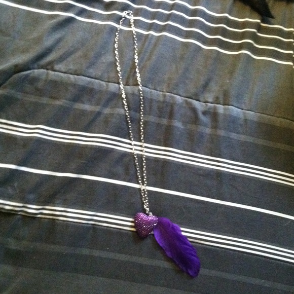 Long purple rhinstoned heart, feathered necklace!