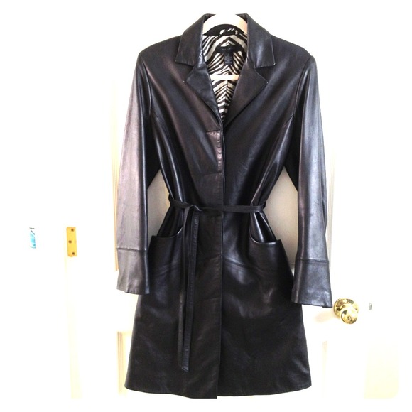 100% Black Leather Trench Coat by The Limited Sz.M