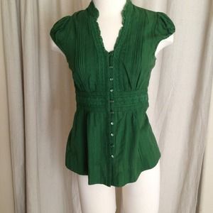 Anthropologie woven button front emerald top