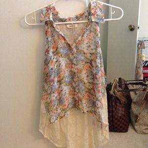 Floral lace chiffon collared top