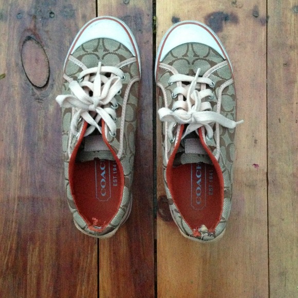 Peach/orange and brown coach sneakers-size 8