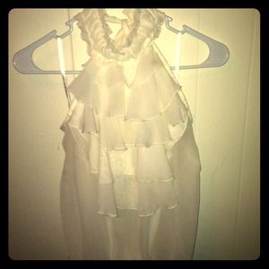 Neck high white ruffle shirt