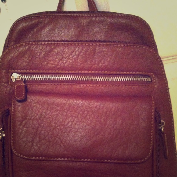 Small brown faux leather backpack