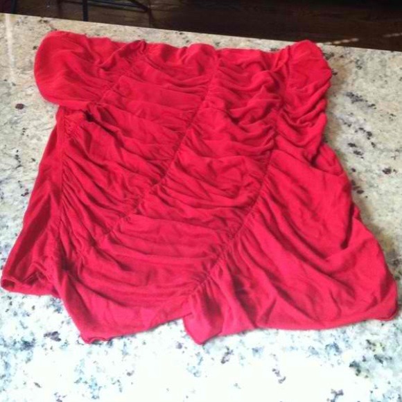Red Strapless Ruffle Blouse
