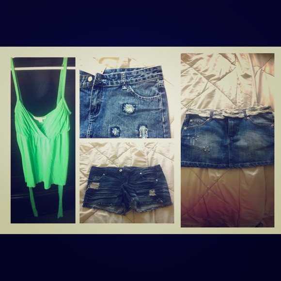 BUNDLE- 2 jean skirts, jean shorts, and green top