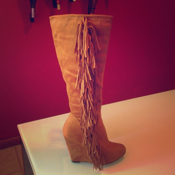 Suede To The Knee Fringe Wedge Boots