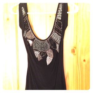Black embellished shirt with "V" back