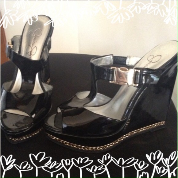 Jessica Simpson Shoes - Black Jessica Simpson Size 5.5 gold chain wedges