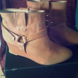 Camel colored wedge booties