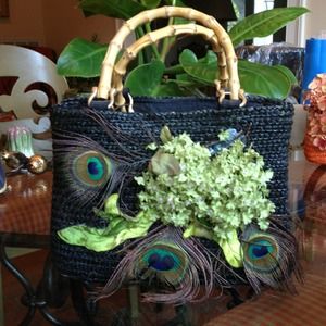 Black Woven Straw Purse with Peacock Feathers