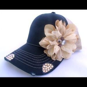 Jeweled Flower Trucker Hat W/ Swarovski Crystals