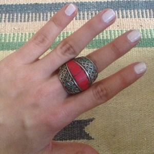 Beautiful turquoise, red and silver ring