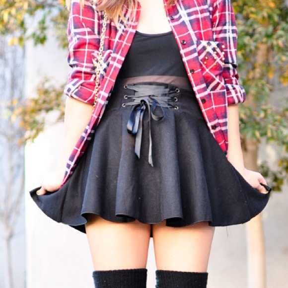 Black skater skirt with lace up detail - Picture 1 of 1