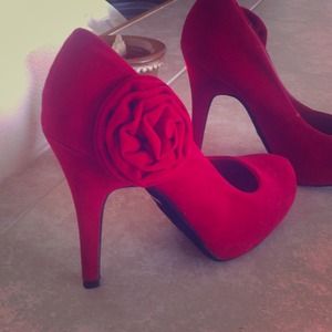 Red velvet flower pumps with 5 inch heel