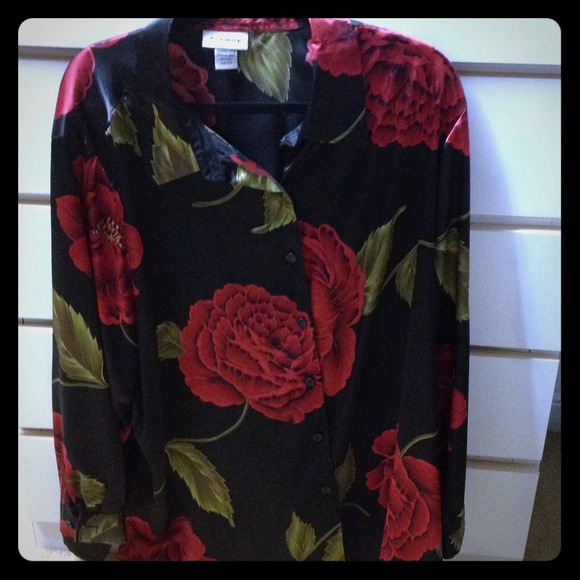 Floral red and black button down blouse