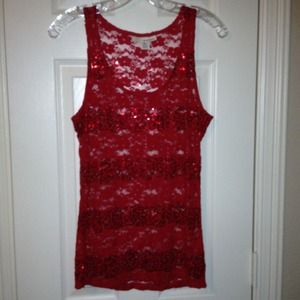 Sheer, sequined red tank top