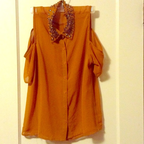 Beaded collared yellow-mustard top