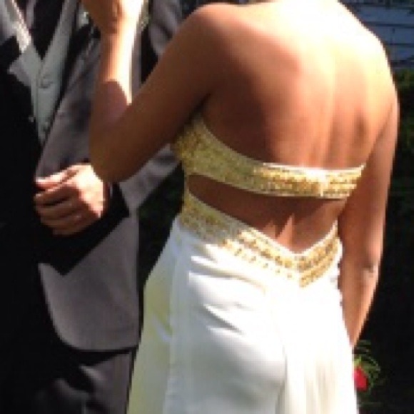 White formal/ prom dress (gold embellished) - Picture 3 of 4