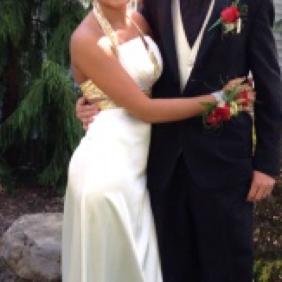 White formal/ prom dress (gold embellished) - Picture 4 of 4