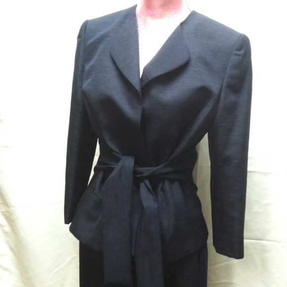 Tahari suit skirt navy with tie belted jacket