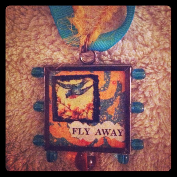Handmade necklace, "fly away" front, "be free" bck