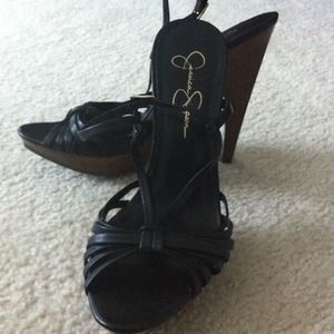 Jessica Simpson black sandal w/ wooden heels NWOT