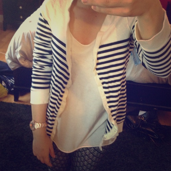 Navy blue and white striped cardigan $10