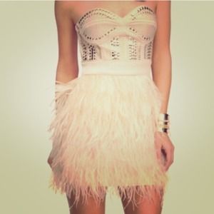 Bebe gold studded beige feather dress