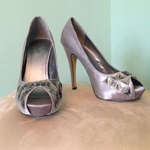 Silver Sateen RSVP peep-toe pumps with gem detail
