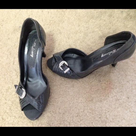 Shiny charcoal/gray pumps with silver rhinestones