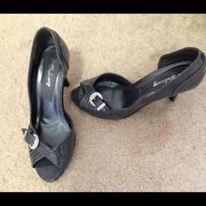 Shiny charcoal/gray pumps with silver rhinestones