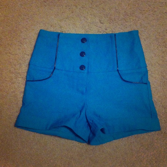 High waisted leather detail teal shorts