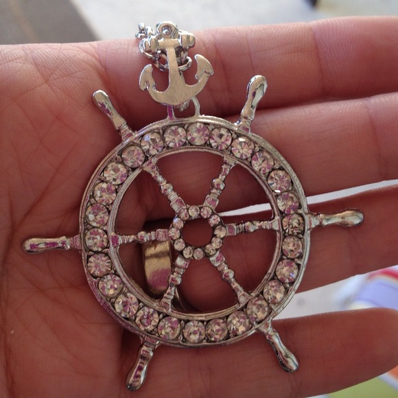 Silver Tone Crystal Ship Wheel Long Necklace