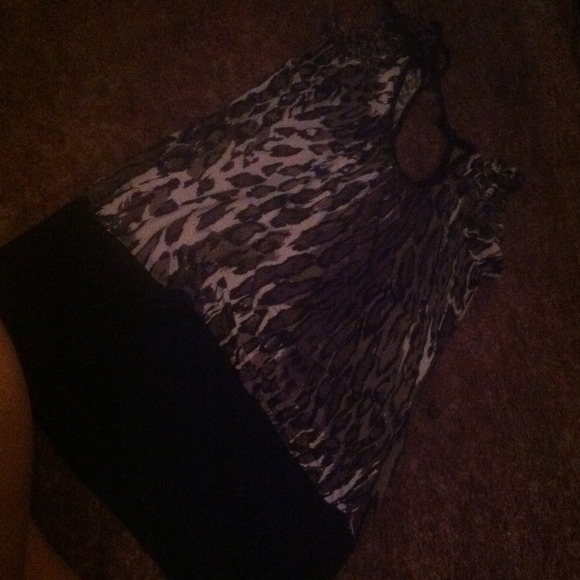 Black, gray, and white formal top.